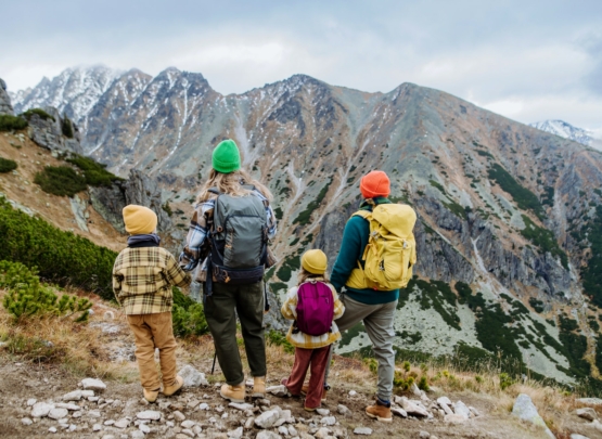 Rear view of family with little children at autumn mountains. Concept of healthy lifestyle.